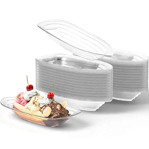 12 Oz Medium Clear Banana Split Boat - 50 Pack - Durable PET Plastic, 100% Recyclable, Ideal for Ice Cream Socials