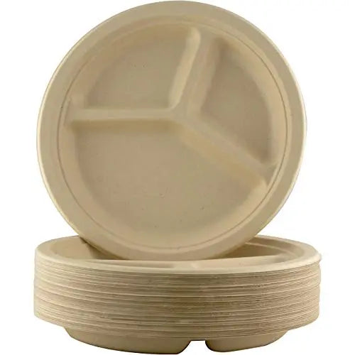 10-Inch Compostable Plates in Brown Kraft - 25 Pack, 3-Compartment, Biodegradable, Microwave Safe