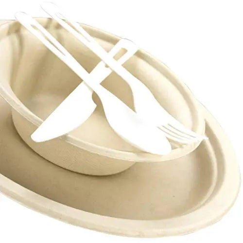 Eco-Friendly Picnic Pack - White Utensils & Kraft Paper Plates - 10 Pack