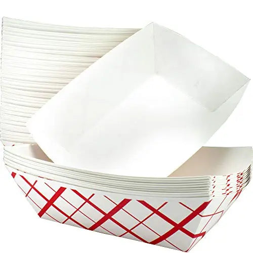 White & Red Paper Food Trays - 3lb - 100 Pack