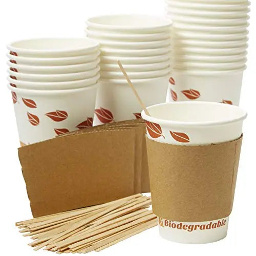 Eco-Friendly 12 Oz Coffee Cup Set | White with Leaf Print | Compostable, Leak-Proof & BPA-Free