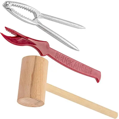 Seafood Mallet (Wooden), Cracker (Stainless Steel), Sheller Trio (Dark Red) Set - 7", 7.5", 5.75" for Perfect Seafood Dining Experience