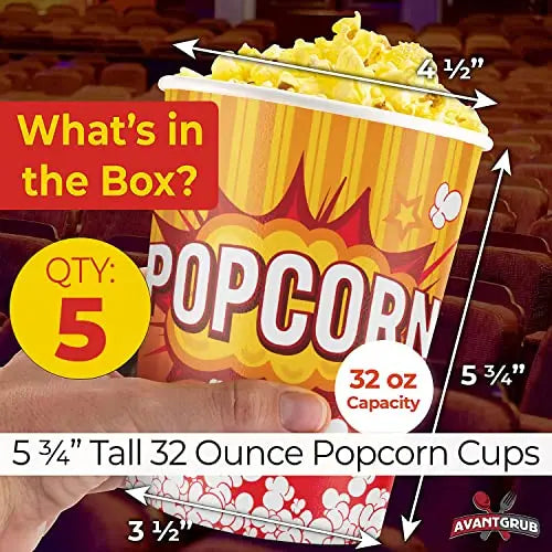32oz Disposable Popcorn Cups in Yellow, White & Red - Pack of 50, Leak-Proof & Sturdy Design