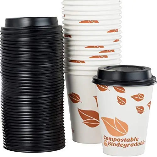 Eco-Friendly Paper Coffee Cups with Dome Lids - Green Leaf Print, Biodegradable, Compostable, Leak-Free - 12oz (100 Pack)