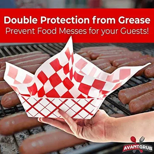 Grease-Resistant 3lb Food Tray & 12" Liners Combo - Red Checkered, 25/50/100 Packs