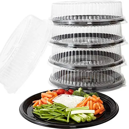 16-Inch Black Plastic Serving Trays with Clear Lids | 5-Pack | Heavy-Duty, Recyclable Party Platters