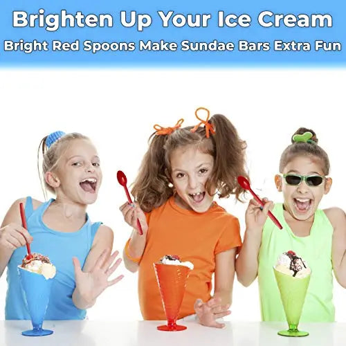 8-Inch Durable Red Plastic Sundae Spoon for Frozen Desserts and Beverages