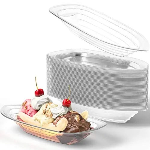 12 Oz Medium Clear Banana Split Boat - 50 Pack - Durable PET Plastic, 100% Recyclable, Ideal for Ice Cream Socials
