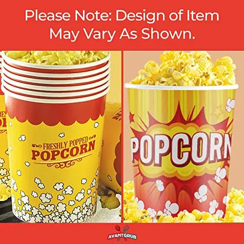 32oz Disposable Popcorn Cups in Yellow, White & Red - Pack of 50, Leak-Proof & Sturdy Design