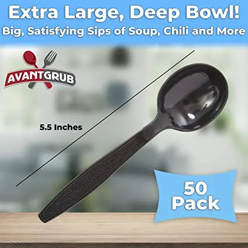 50-Count Black Plastic Soup Spoons | Heavy-Duty Recyclable Utensils