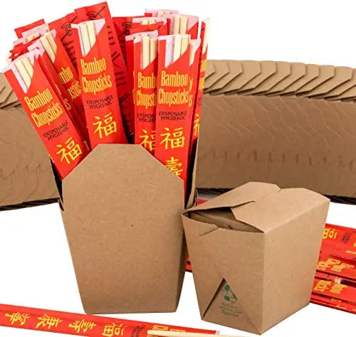 16 oz Chinese Take-Out Boxes with Bamboo Chopsticks | 25 Sets | Leak-Resistant Containers