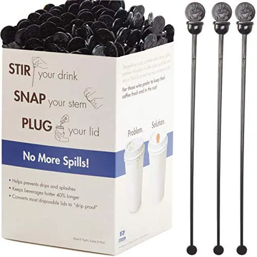 7.5 Inch Eco-Friendly Coffee Stirrer Plugs, Black - 200 Pack - High Quality, BPA Free, Spill-Proof Stirrer Lids for Hot Beverages