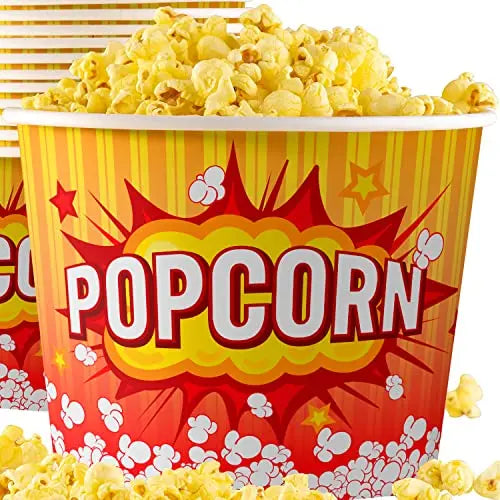 85oz Popcorn Buckets in Yellow, White & Red - Bulk Packs, Disposable and Grease Proof