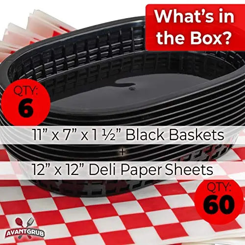 Red Basket & Black Paper Deli Baskets & Papers - 11"x7"x1.5", 12"x12" - 6 Baskets, 60 Papers Pack