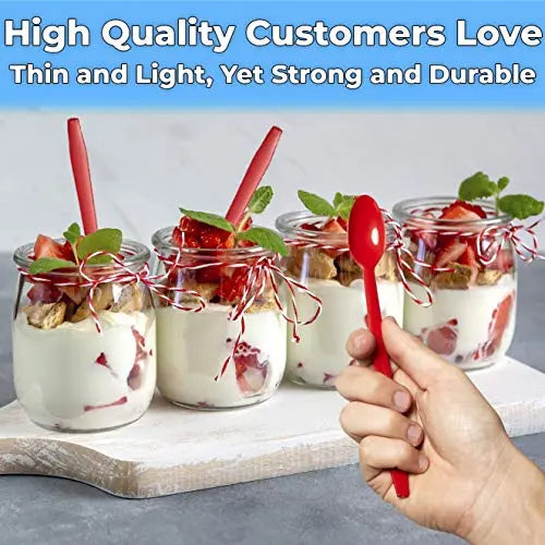 8-Inch Durable Red Plastic Sundae Spoon for Frozen Desserts and Beverages