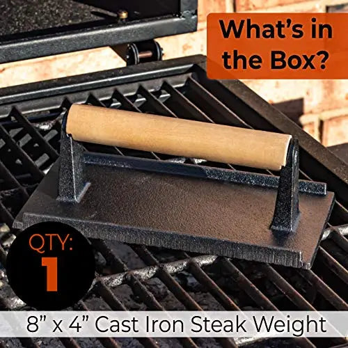 Wooden Handle Steak Weight | Cast Iron | Black | 8x4" | 1 Pack