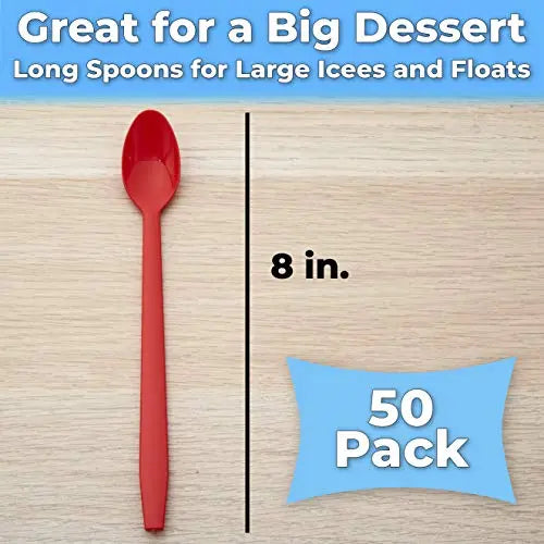 8-Inch Durable Red Plastic Sundae Spoon for Frozen Desserts and Beverages