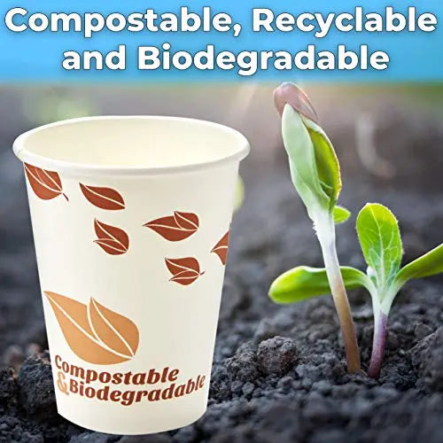 Eco-Friendly 12 Oz Coffee Cup Set | White with Leaf Print | Compostable, Leak-Proof & BPA-Free