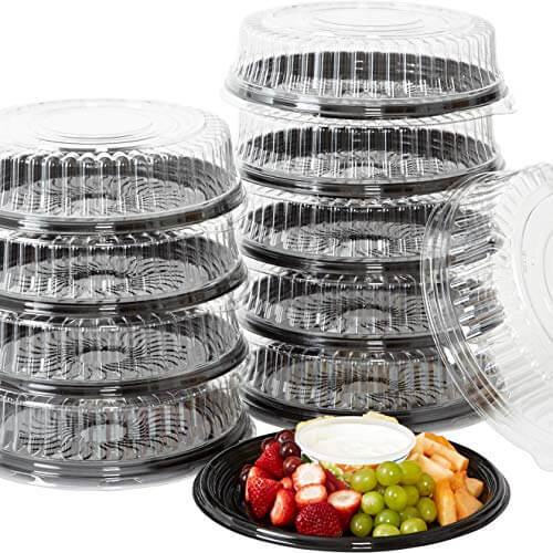Heavy-Duty Recyclable 12-Inch Serving Trays with Lids | 10-Pack | Black Plastic Party Platters
