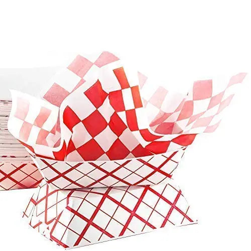 Grease-Resistant 3lb Food Tray & 12" Liners Combo - Red Checkered, 25/50/100 Packs