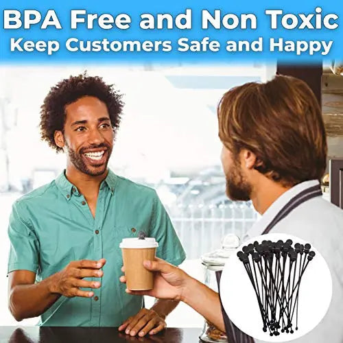 7.5 Inch Eco-Friendly Coffee Stirrer Plugs, Black - 200 Pack - High Quality, BPA Free, Spill-Proof Stirrer Lids for Hot Beverages