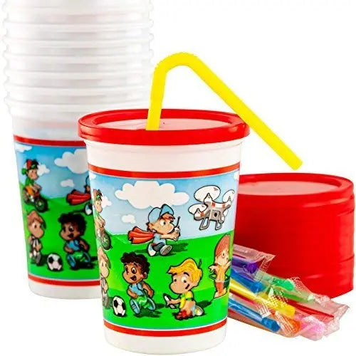 Kids Party Cups with Lid & Straw - 12oz, Pack of 25, Playground Theme - Dishwasher-Safe, BPA-Free