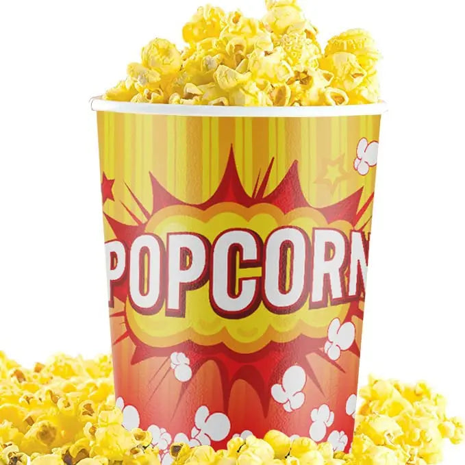 32oz Disposable Popcorn Cups in Yellow, White & Red - Pack of 50, Leak-Proof & Sturdy Design