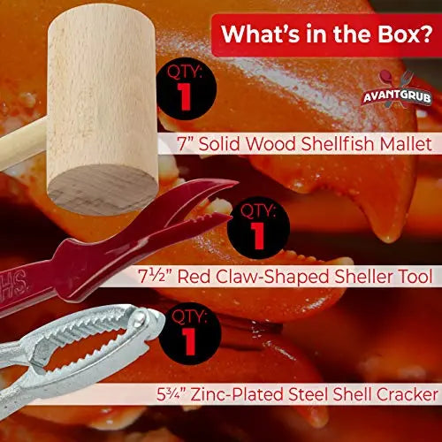 Seafood Mallet (Wooden), Cracker (Stainless Steel), Sheller Trio (Dark Red) Set - 7", 7.5", 5.75" for Perfect Seafood Dining Experience