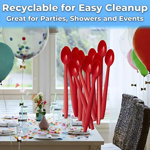 8-Inch Durable Red Plastic Sundae Spoon for Frozen Desserts and Beverages