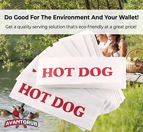 Eco-Friendly Paper Hot Dog Wrappers Sleeves, 9" x 3.5", White with Red Text