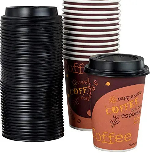 12oz Disposable Coffee Cups & Dome Lids, Black - Pack of 100 Each