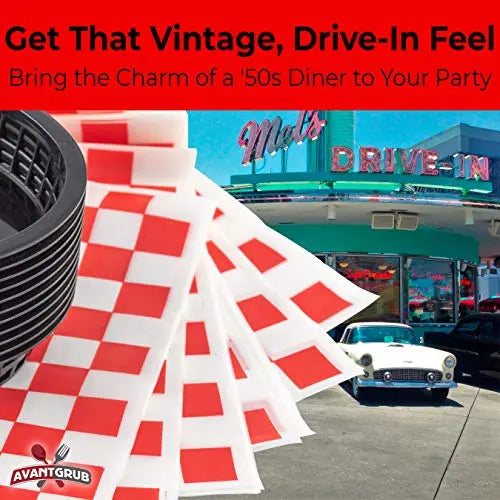 Red Basket & Black Paper Deli Baskets & Papers - 11"x7"x1.5", 12"x12" - 6 Baskets, 60 Papers Pack