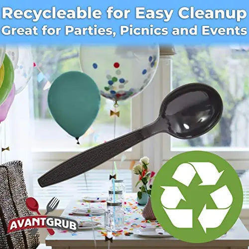 50-Count Black Plastic Soup Spoons | Heavy-Duty Recyclable Utensils