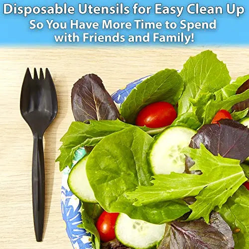BPA-Free Black Disposable Sporks | 50-Pack | 2-in-1 Durable Recyclable Utensils