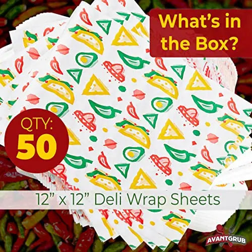 Mexican Print Deli Paper | 12-Inch Greaseproof Wrapping Sheets | Biodegradable Food Liners for Tacos, Sandwiches, and Party Platters