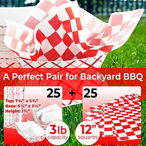 Grease-Resistant 3lb Food Tray & 12" Liners Combo - Red Checkered, 25/50/100 Packs