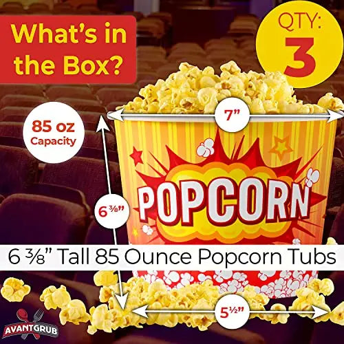 85oz Popcorn Buckets in Yellow, White & Red - Bulk Packs, Disposable and Grease Proof